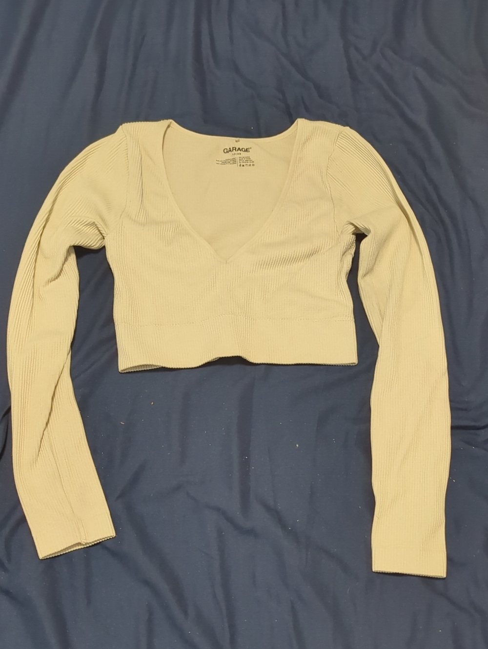 Garage Ribbed V-Neck Long Sleeve Crop Top in Cream